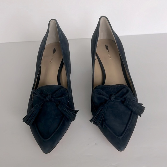 Ann Taylor $128 Womens Shoes Rumer Suede Tassel Block Heel Pumps Blue Size 5 New - Picture 2 of 5